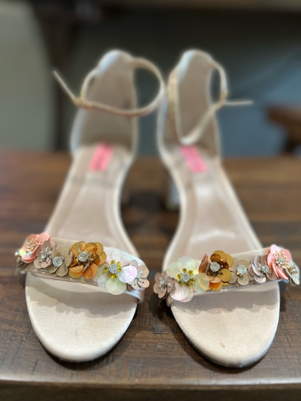 Betsey Johnson GOLD Floral Embellished Ankle-Strap Block Heels